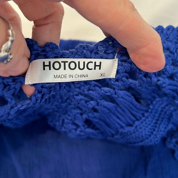 Hotouch szXL blue crocheted trim swimsuit coverup w/fringe around the bottom EUC - Picture 5 of 8